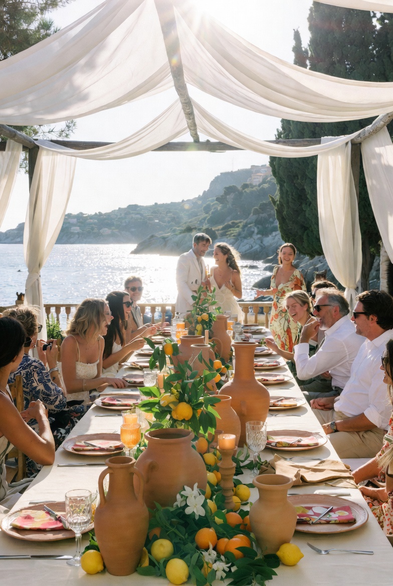 Mediterrane Hochzeitstafel mit Zitronen-Deko und Meeresblick