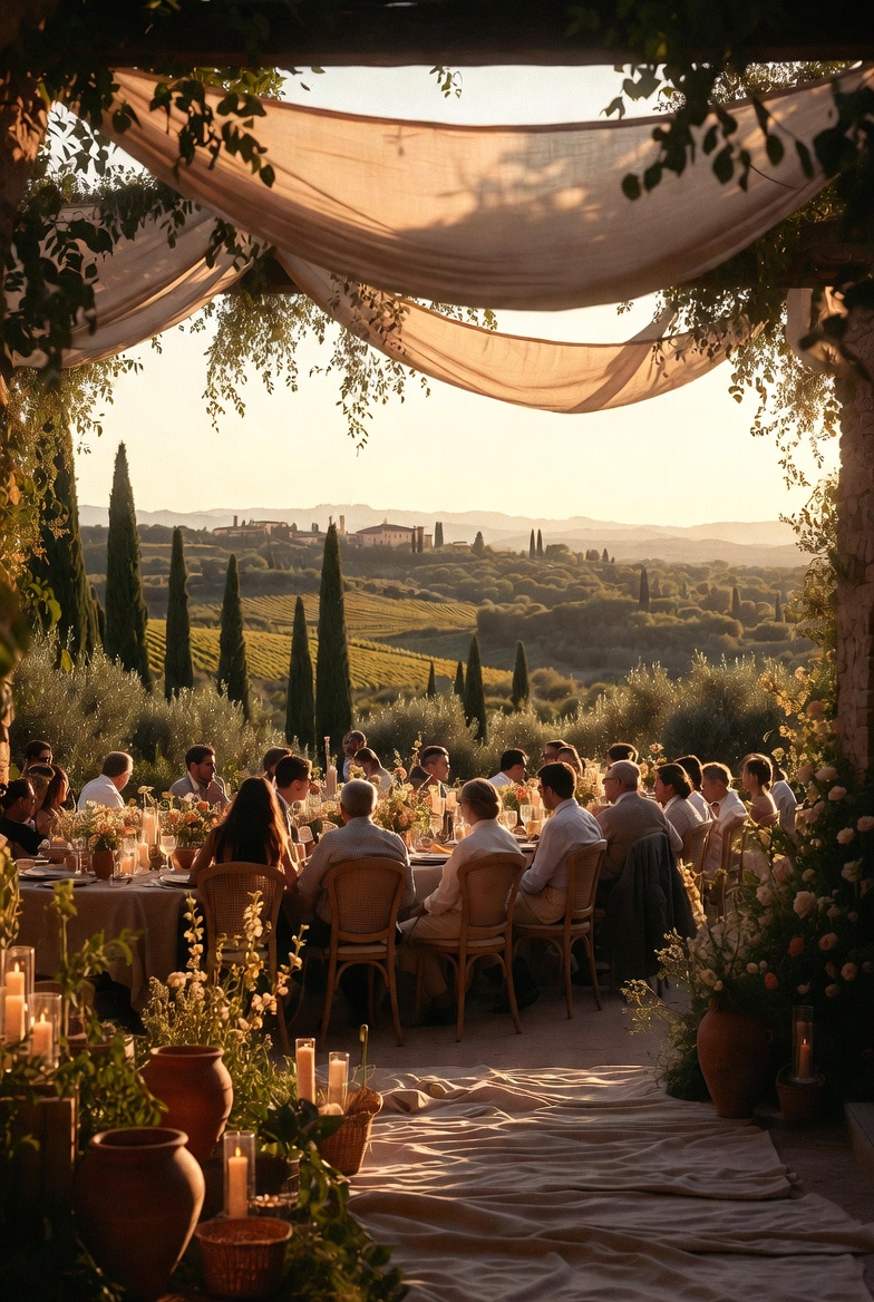 Hochzeitsdinner in der Toskana bei Sonnenuntergang mit Olivenb&auml;umen und Zypressen
