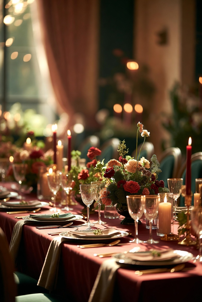 Tablescape in kr&auml;ftigen Burgunder- und Smaragdt&ouml;nen mit Kerzenlicht